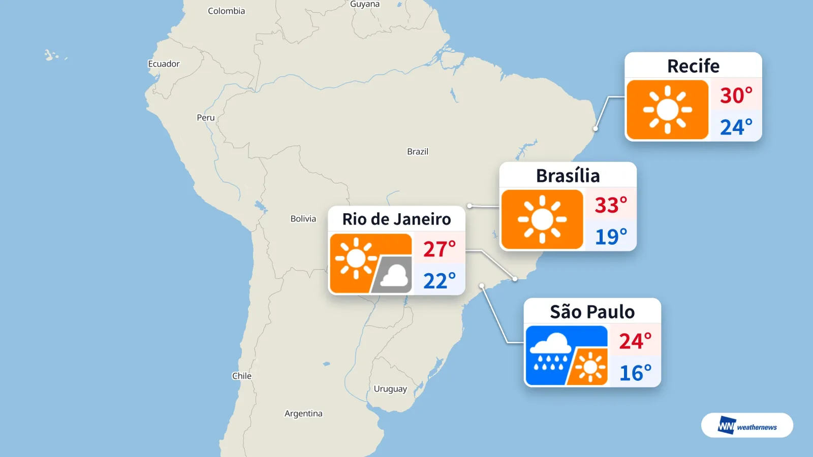 Previsão de chuva em São Paulo; sol em Rio, Brasília e Recife