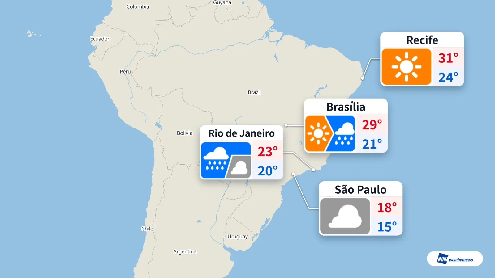 Hari ini: hujan di Rio dan Brasília, mendung di São Paulo, cerah di Recife