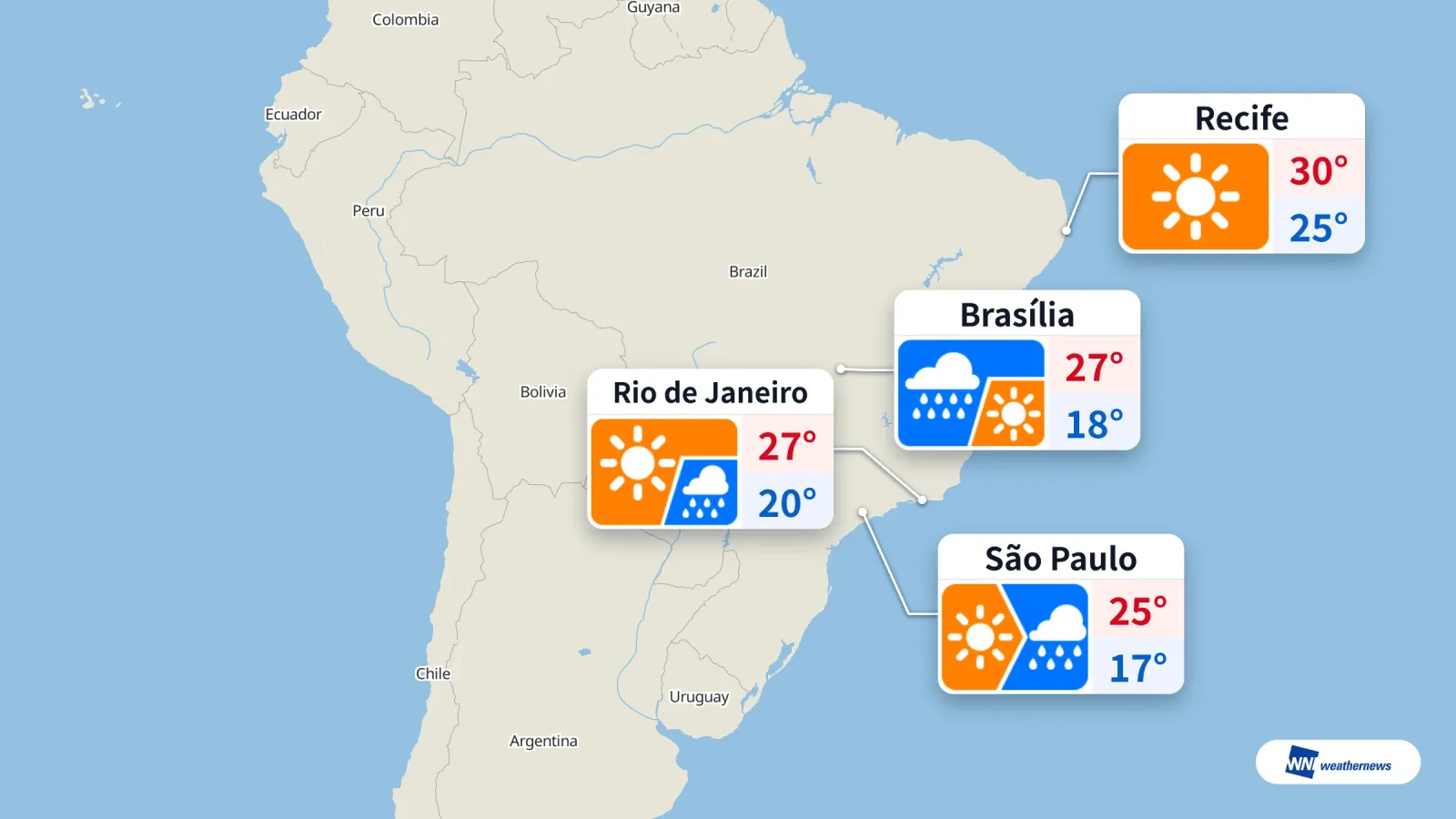Hari ini cerah dan hujan di São Paulo, hujan di Brasília, manakala Recife cerah