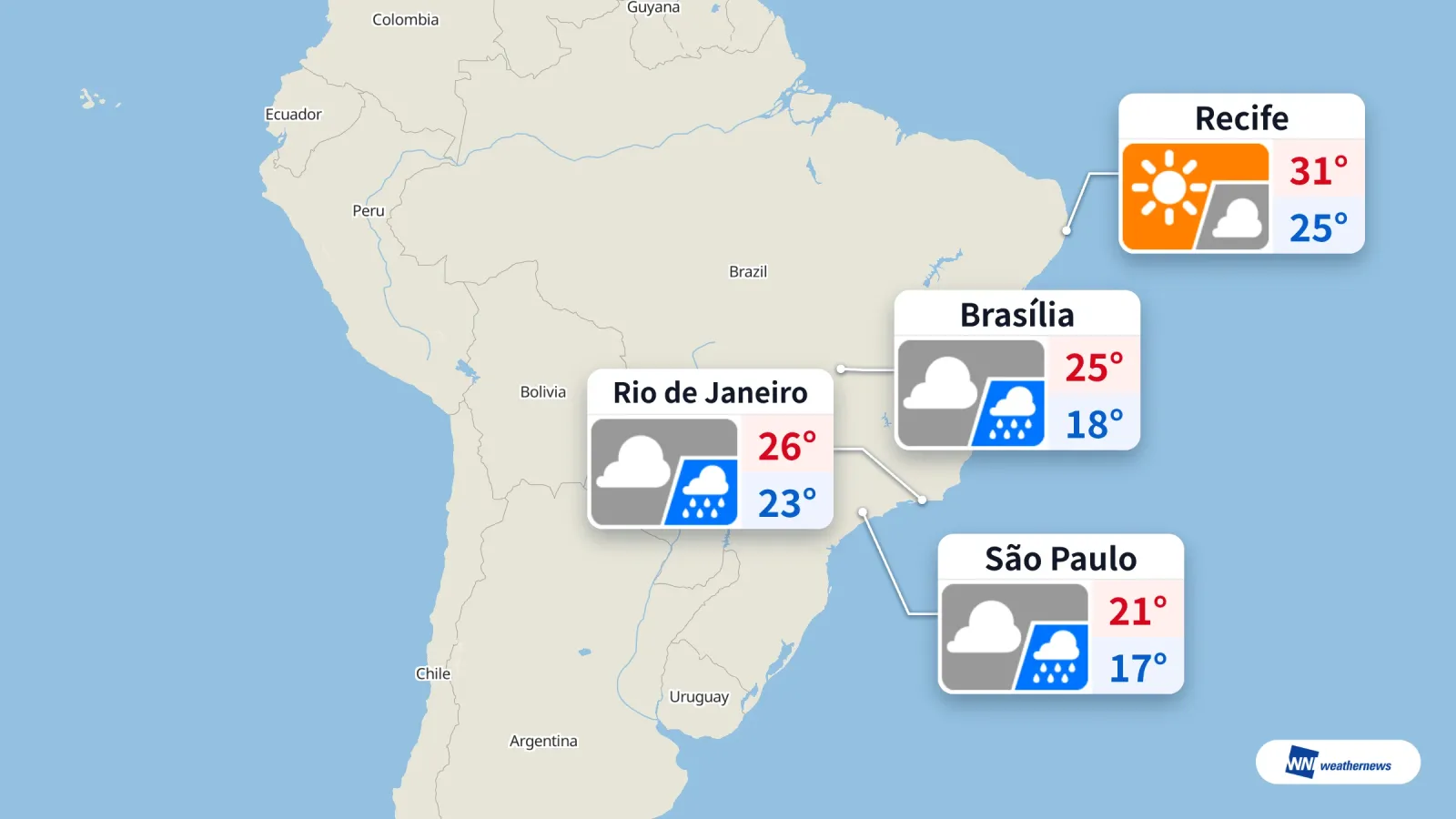 Prakiraan hari ini: hujan di São Paulo, Rio, dan Brasília; cerah di Recife