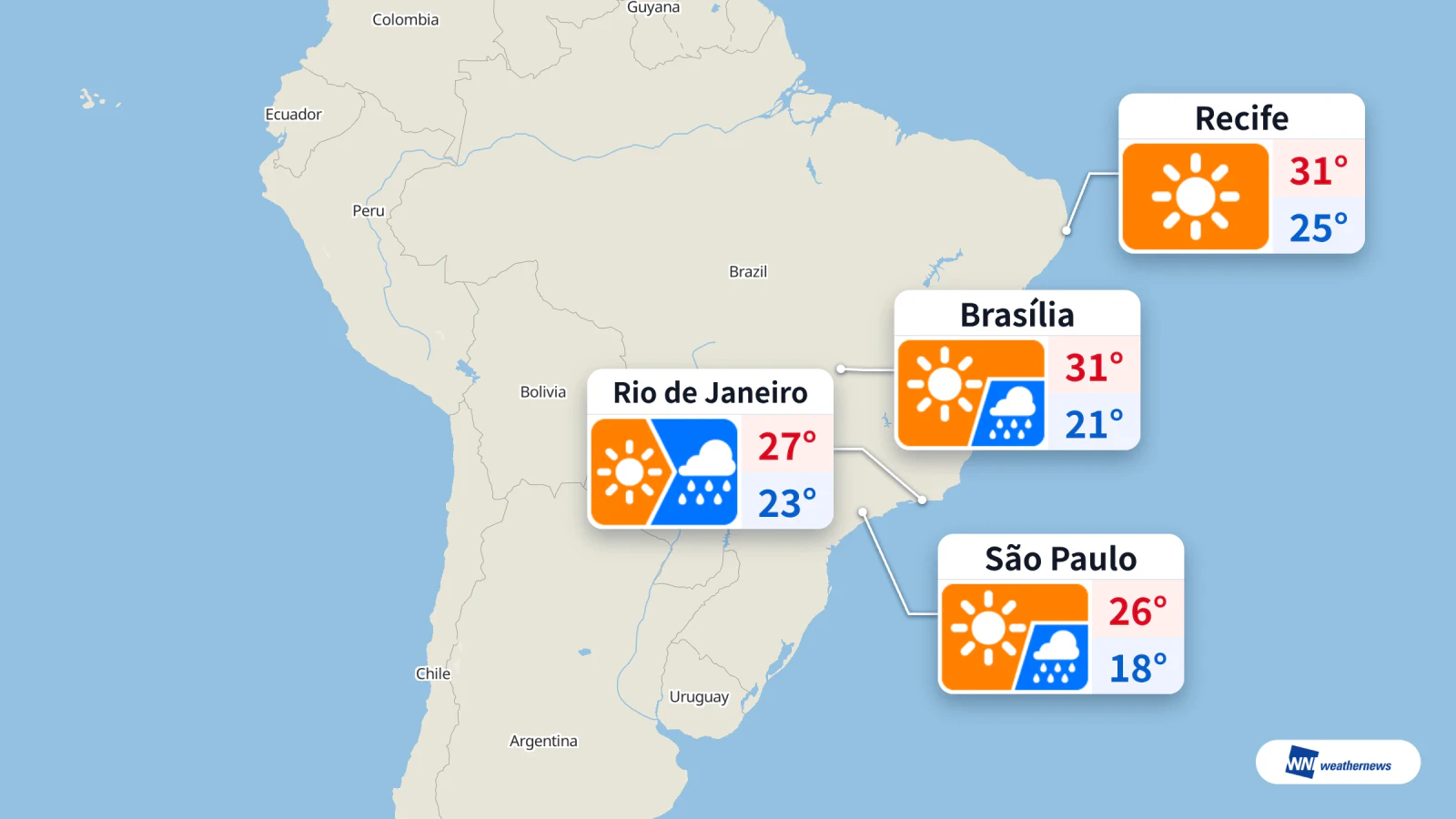 วันนี้ที่เซาเปาลู: คาดมีฝนเวลา 18.00 น. และ 21.00 น. โอกาสฝนตก 60% ตลอดวัน