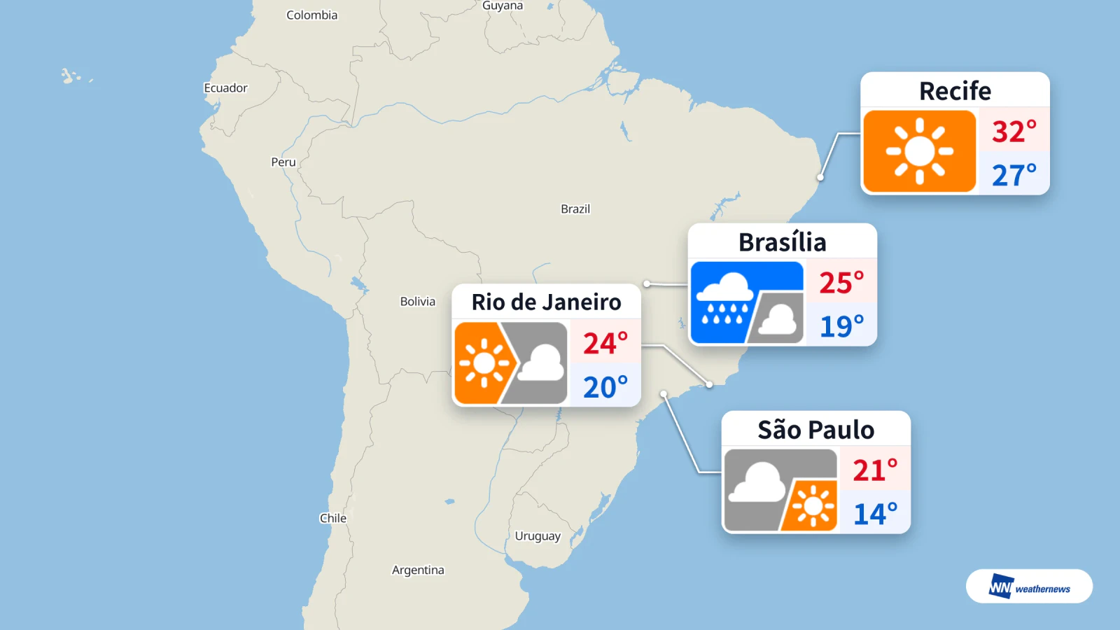 Hoy: lluvia en Brasilia, sol en Recife y cielo nublado en São Paulo