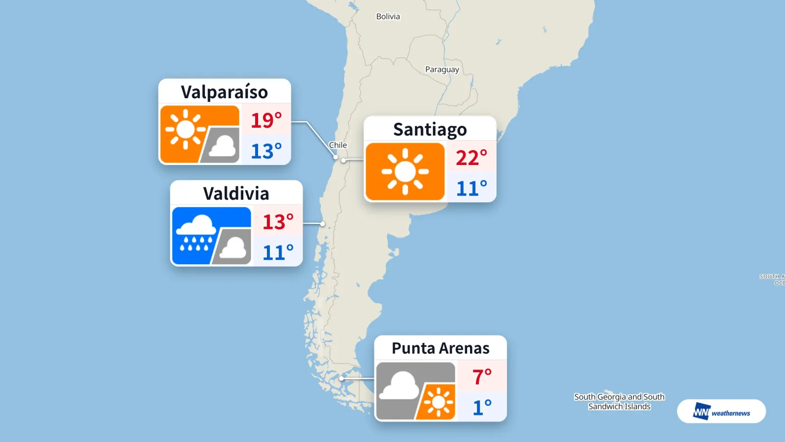 Ramalan cuaca hari ini: cerah di Santiago, hujan di Valdivia