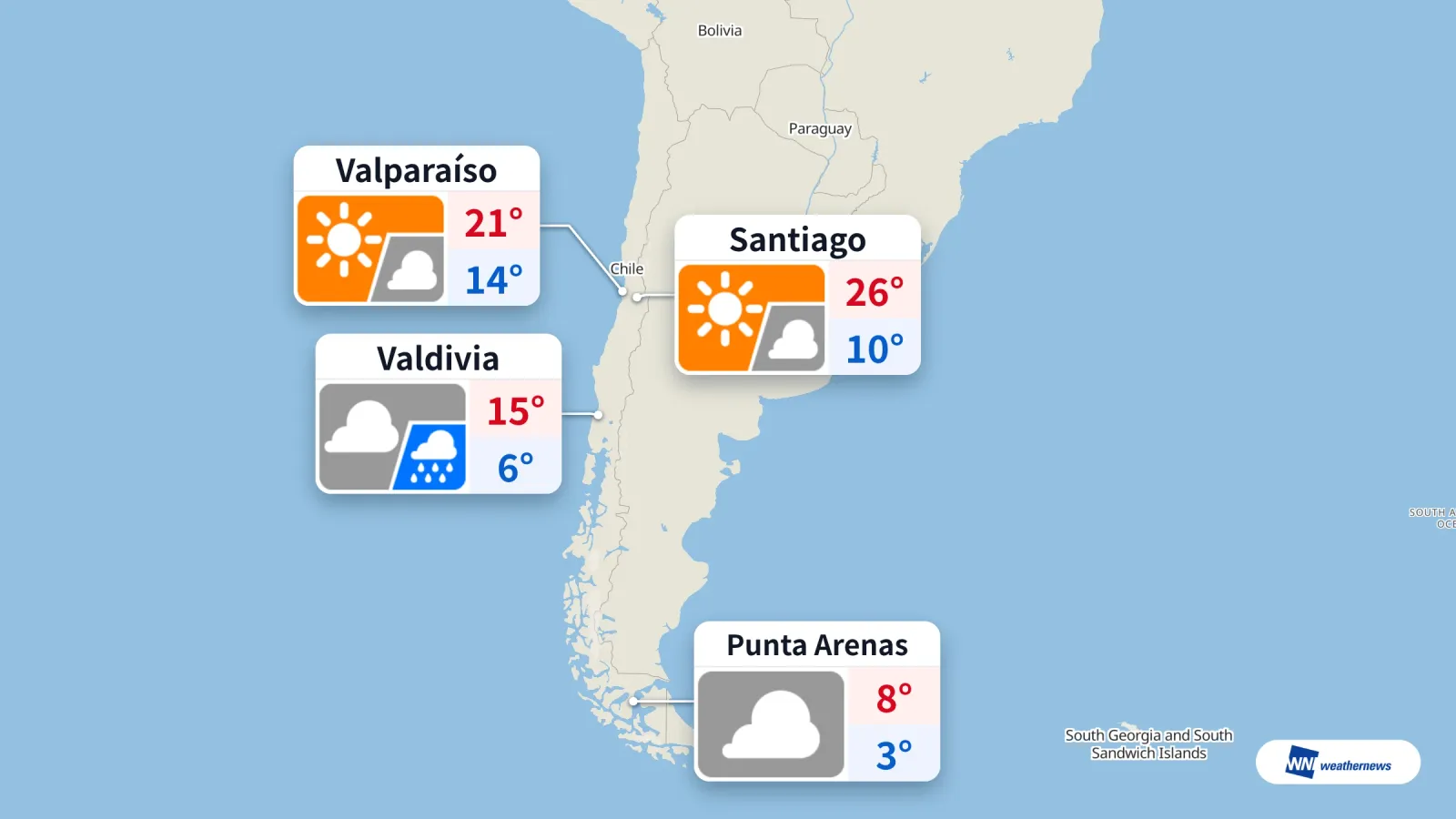 Aujourd’hui, 10 à 26 °C à Santiago et de la pluie attendue à Valdivia