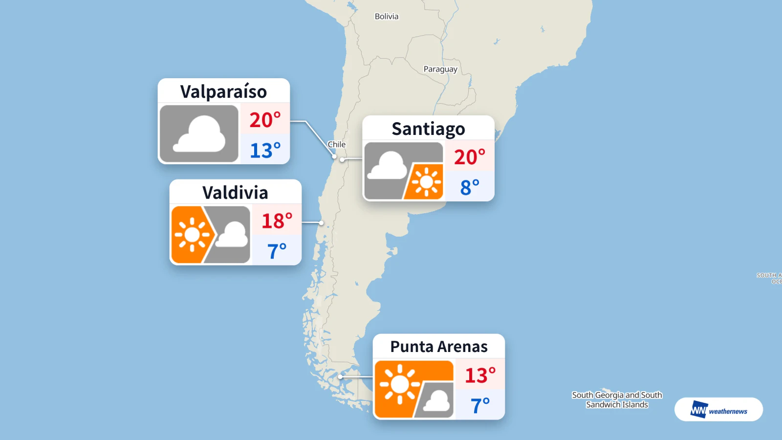 Hari ini di Chile: berawan di Santiago dan Valparaíso, cerah di Punta Arenas