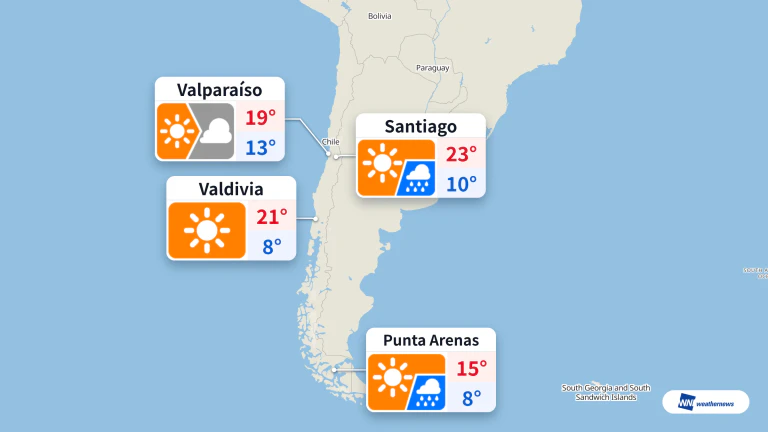 Today in Chile: Rain at 18:00 in Santiago, Sun in Valdivia