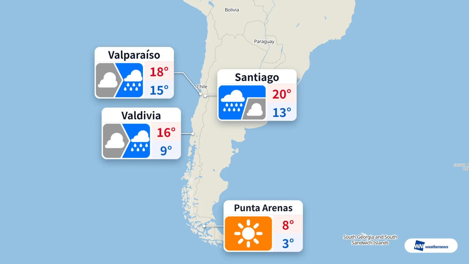 Hari ini, hujan di Santiago, Valparaíso, dan Valdivia; cerah di Punta Arenas