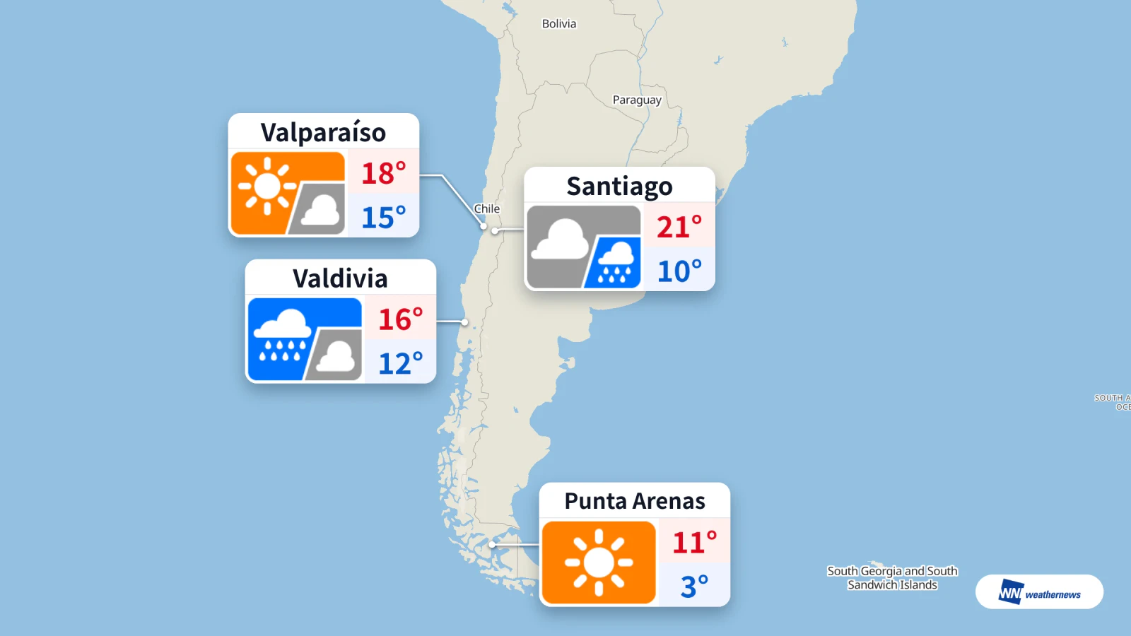 Hari ini: Santiago hujan pukul 15.00 dan Valdivia 12 mm