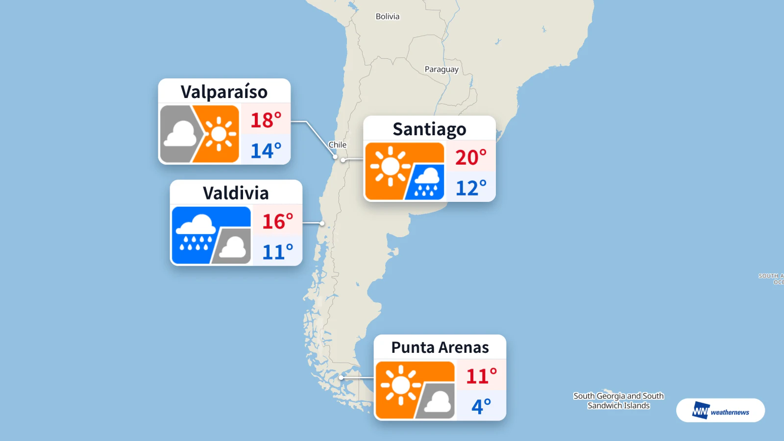 Hari ini: Santiago 12 hingga 20 °C, hujan di Valdivia