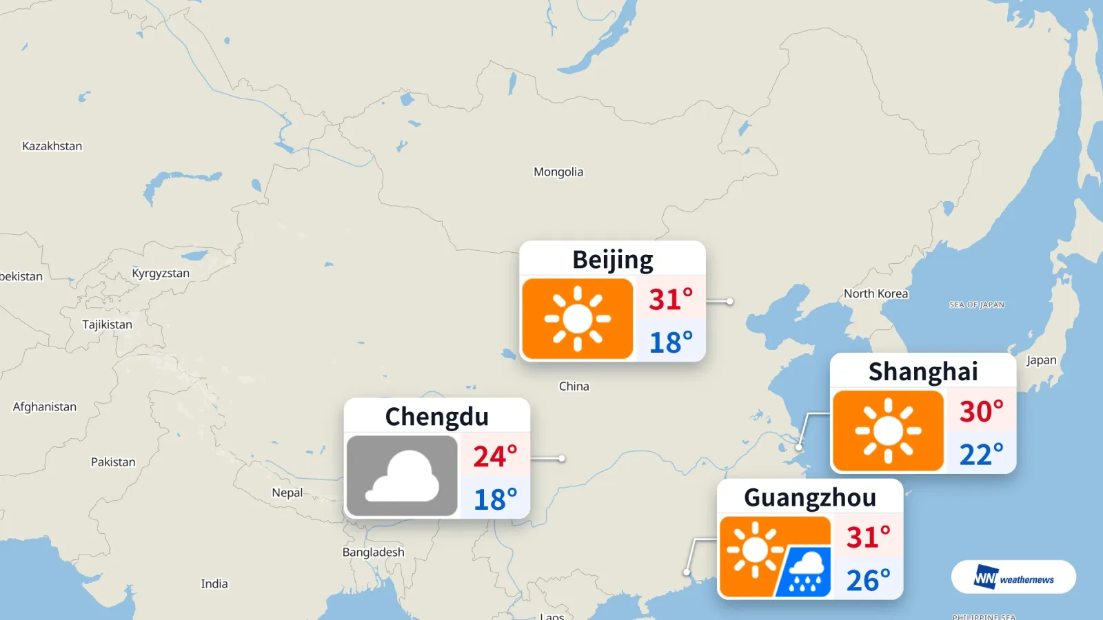 Ciel dégagé à Pékin, mais qualité de l’air médiocre ; météo contrastée à Guangzhou, Chengdu et Shanghai