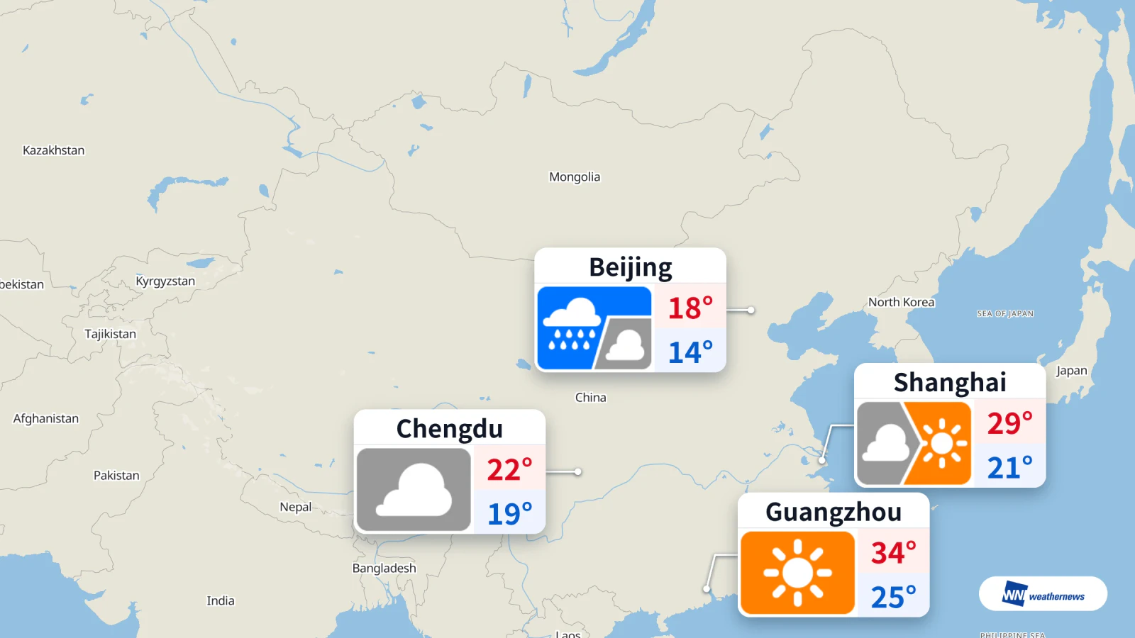 Pluie aujourd’hui à Pékin, éclaircies à Shanghai et 34 °C à Guangzhou