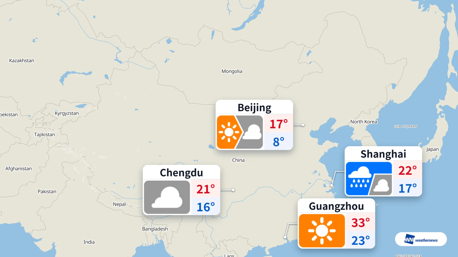 Shanghai diguyur hujan hari ini, polusi sangat berat di Beijing; Guangzhou cerah dan terik