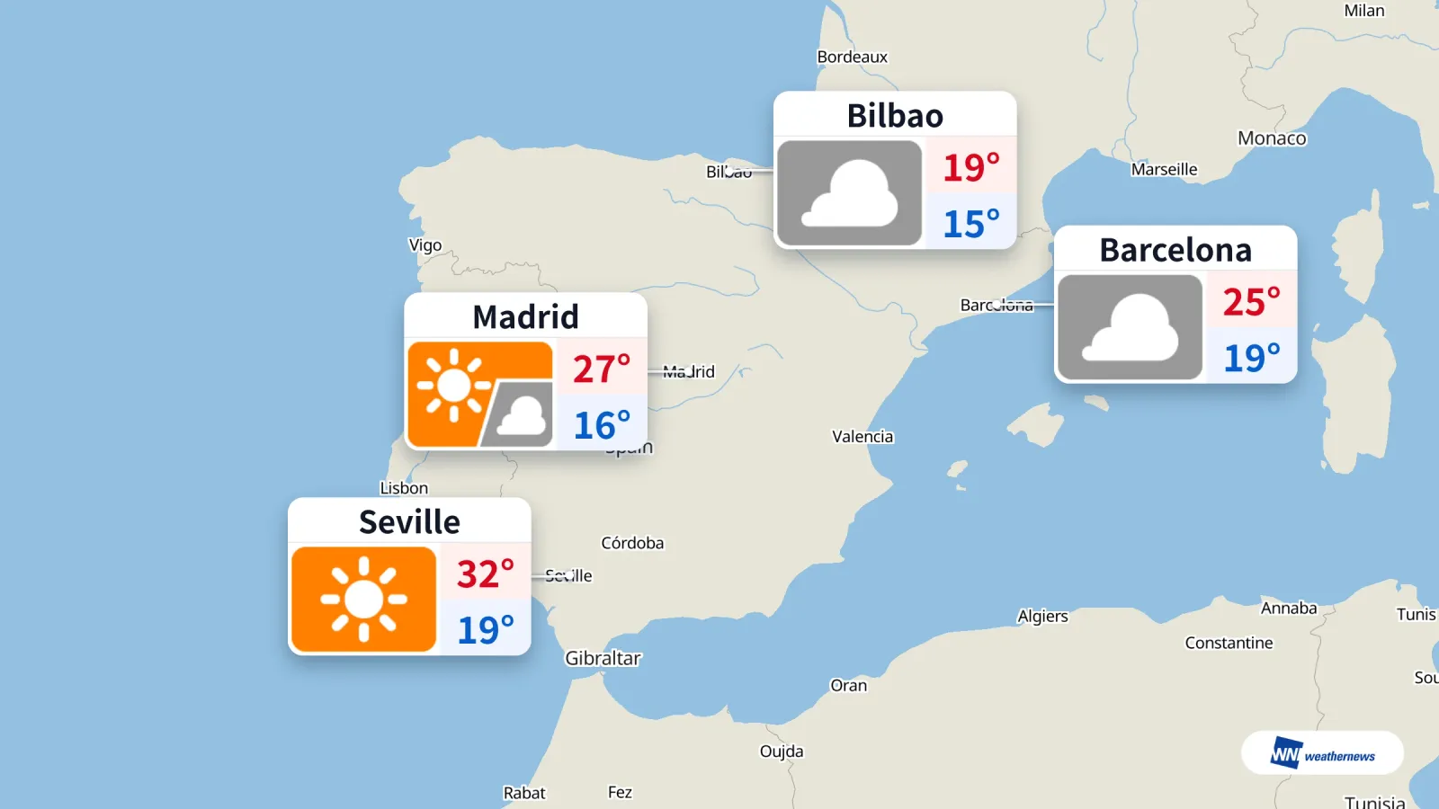 Aujourd’hui, du soleil à Madrid et Séville, des nuages à Barcelone et Bilbao