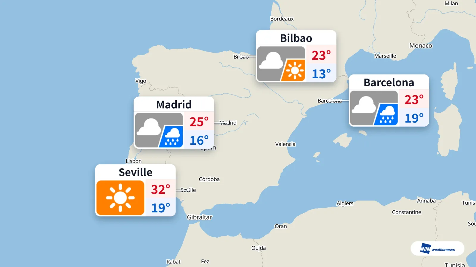 Hari ini di Sepanyol: Hujan di Madrid dan Barcelona, cuaca cerah dan 32 °C di Seville