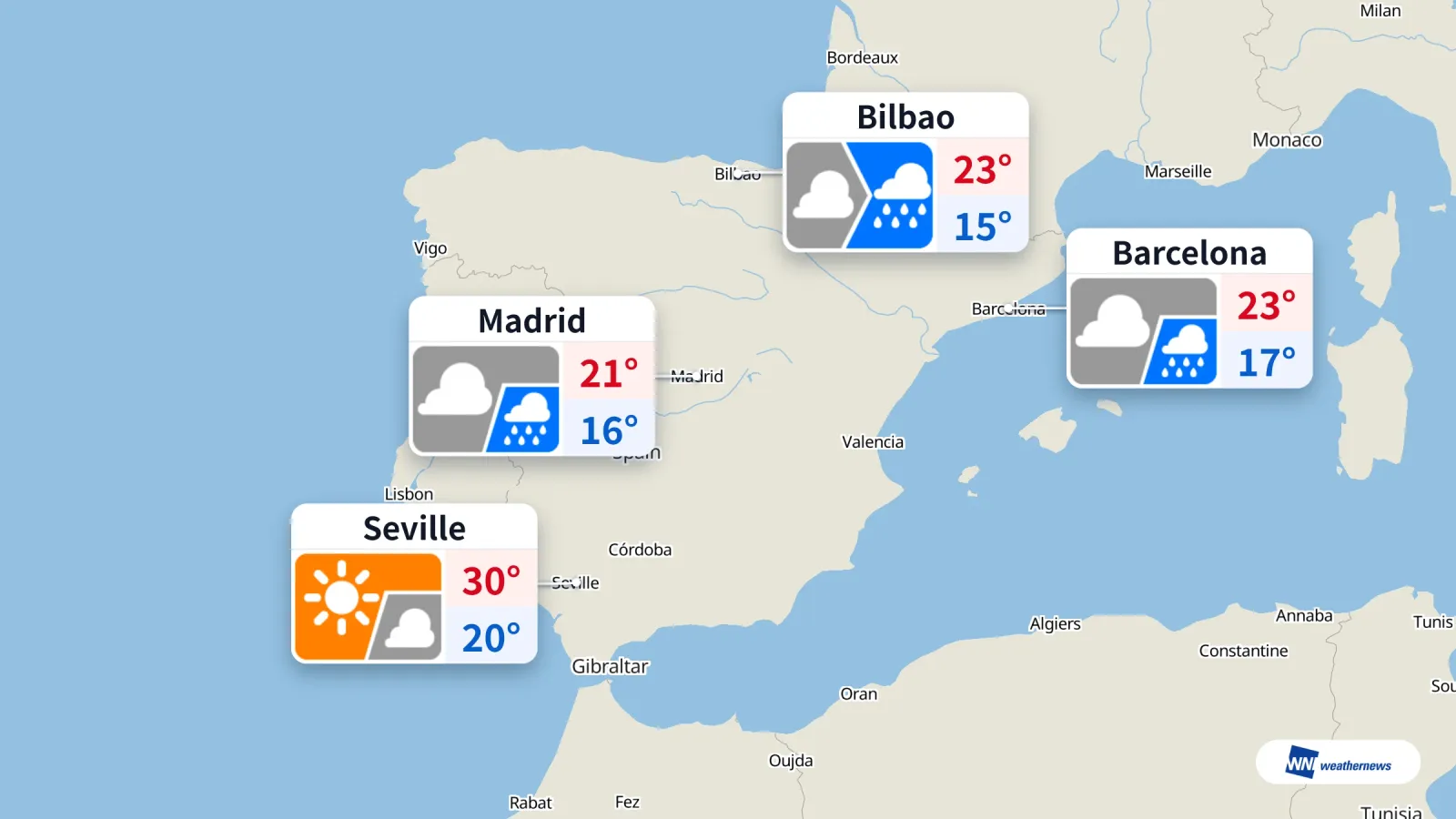 Aujourd'hui, pluie à Madrid, Bilbao et Barcelone, soleil à Séville
