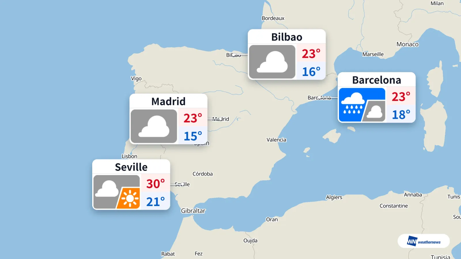 Aujourd’hui, de la pluie à Barcelone et un ciel nuageux à Madrid et Bilbao