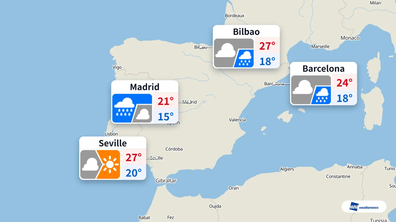 Hari ini, hujan di Madrid, Barcelona dan Bilbao; cerah di Seville