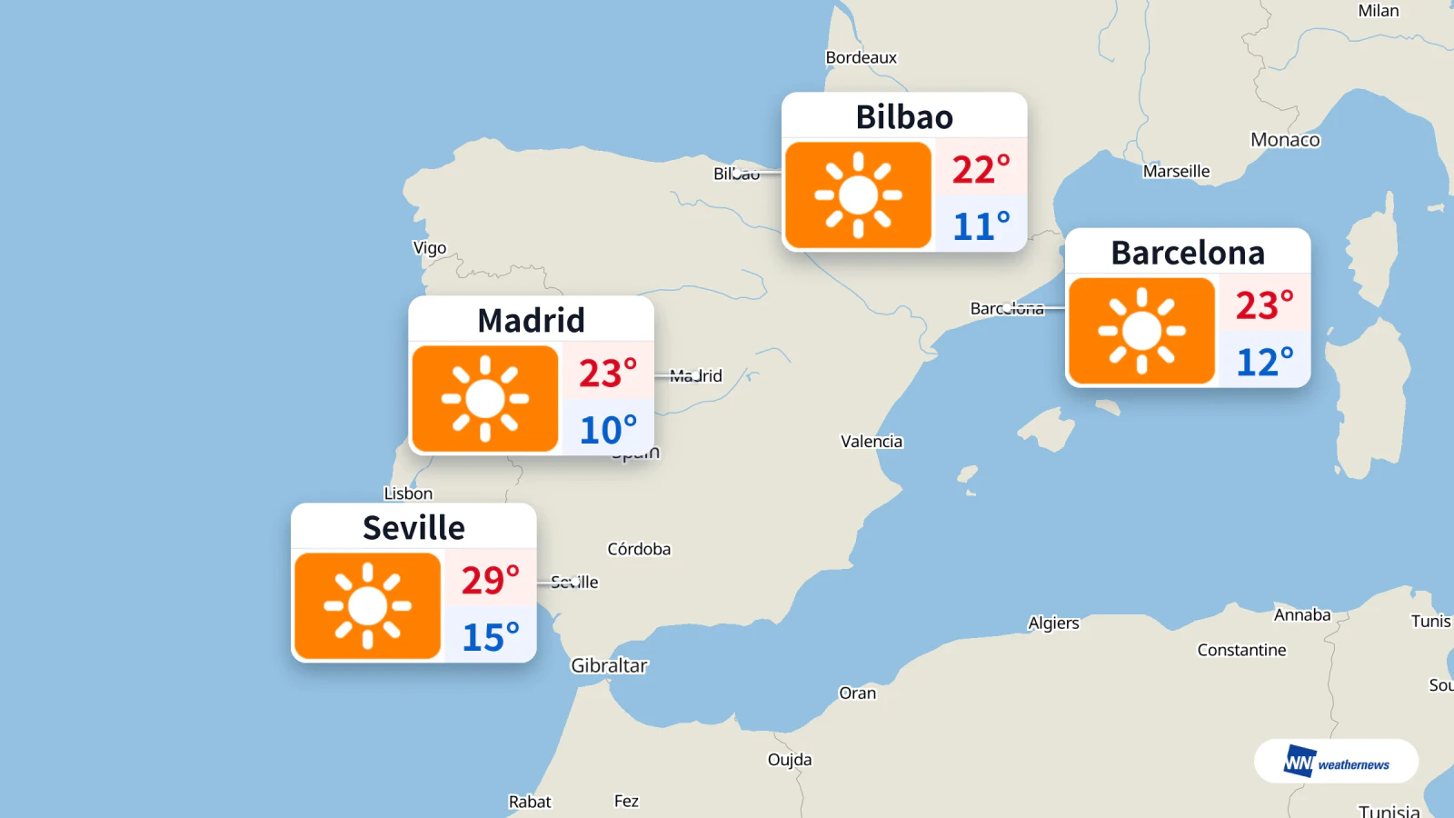 Cuaca hari ini: cerah di Madrid, Seville, Barcelona dan Bilbao