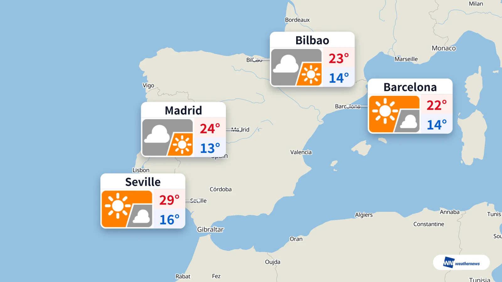 Hoy en Madrid, Bilbao, Barcelona y Sevilla: máximas de 22 a 29 °C