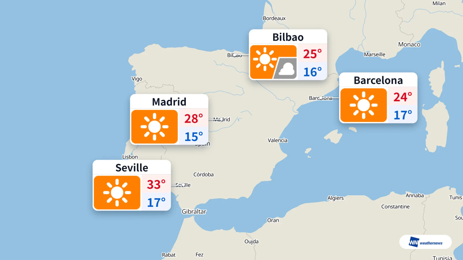 Hari ini, cuaca cerah dengan suhu maksimum 33 °C di Seville dan 28 °C di Madrid