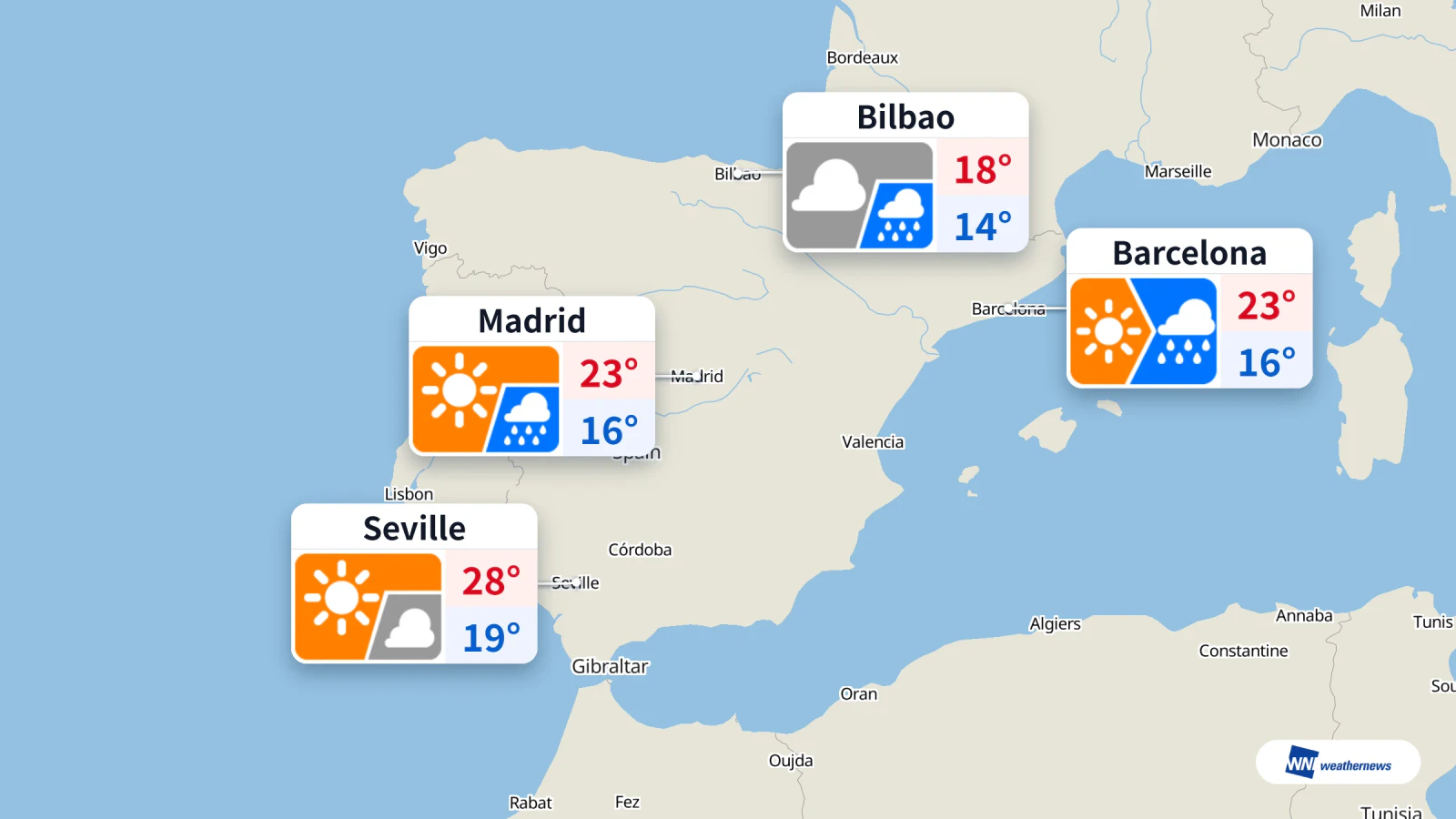 Aujourd’hui, pluie à Barcelone, Madrid et Bilbao ; soleil à Séville