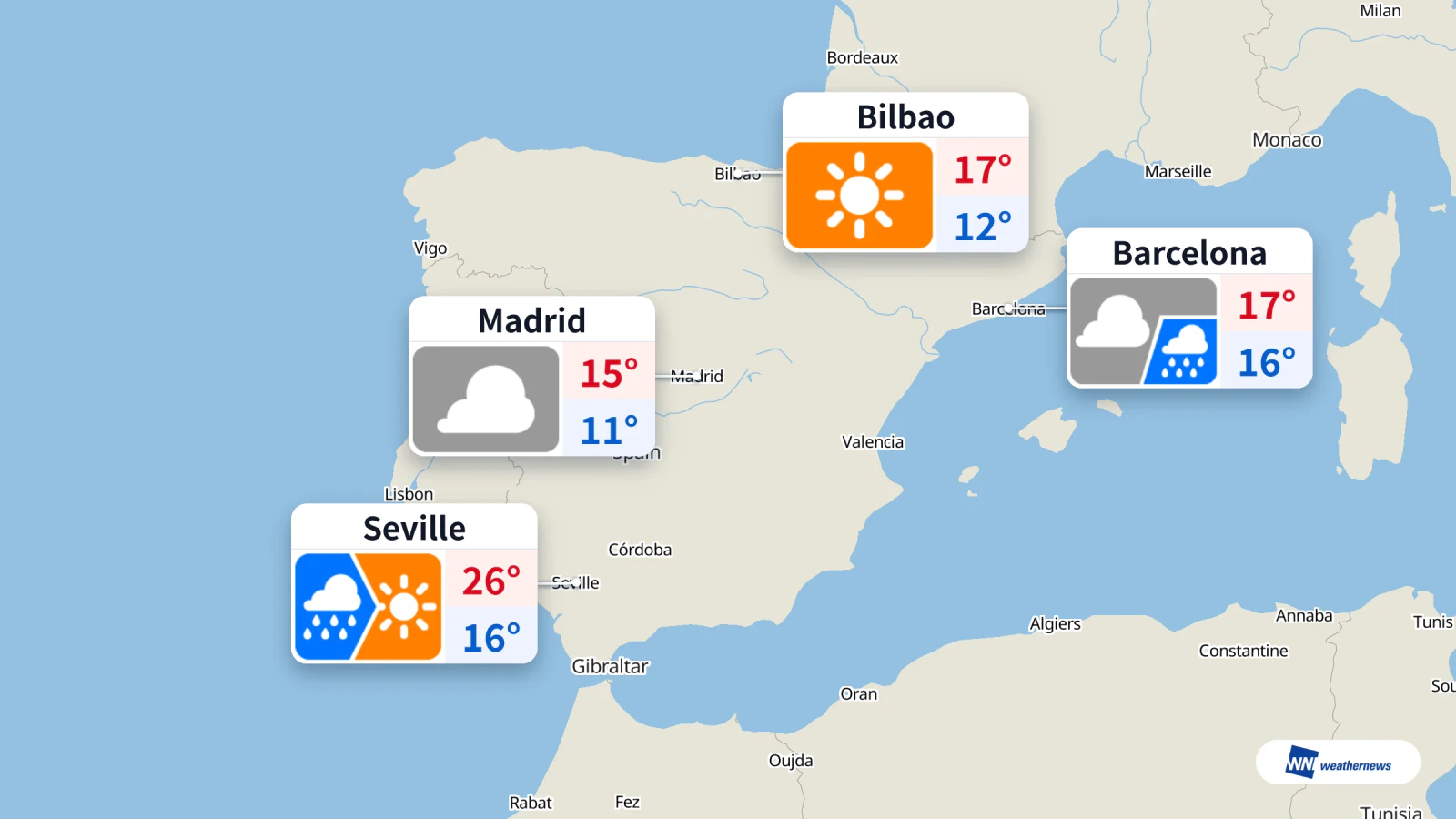 Pluie aujourd’hui à Madrid, Barcelone et Séville ; soleil à Bilbao