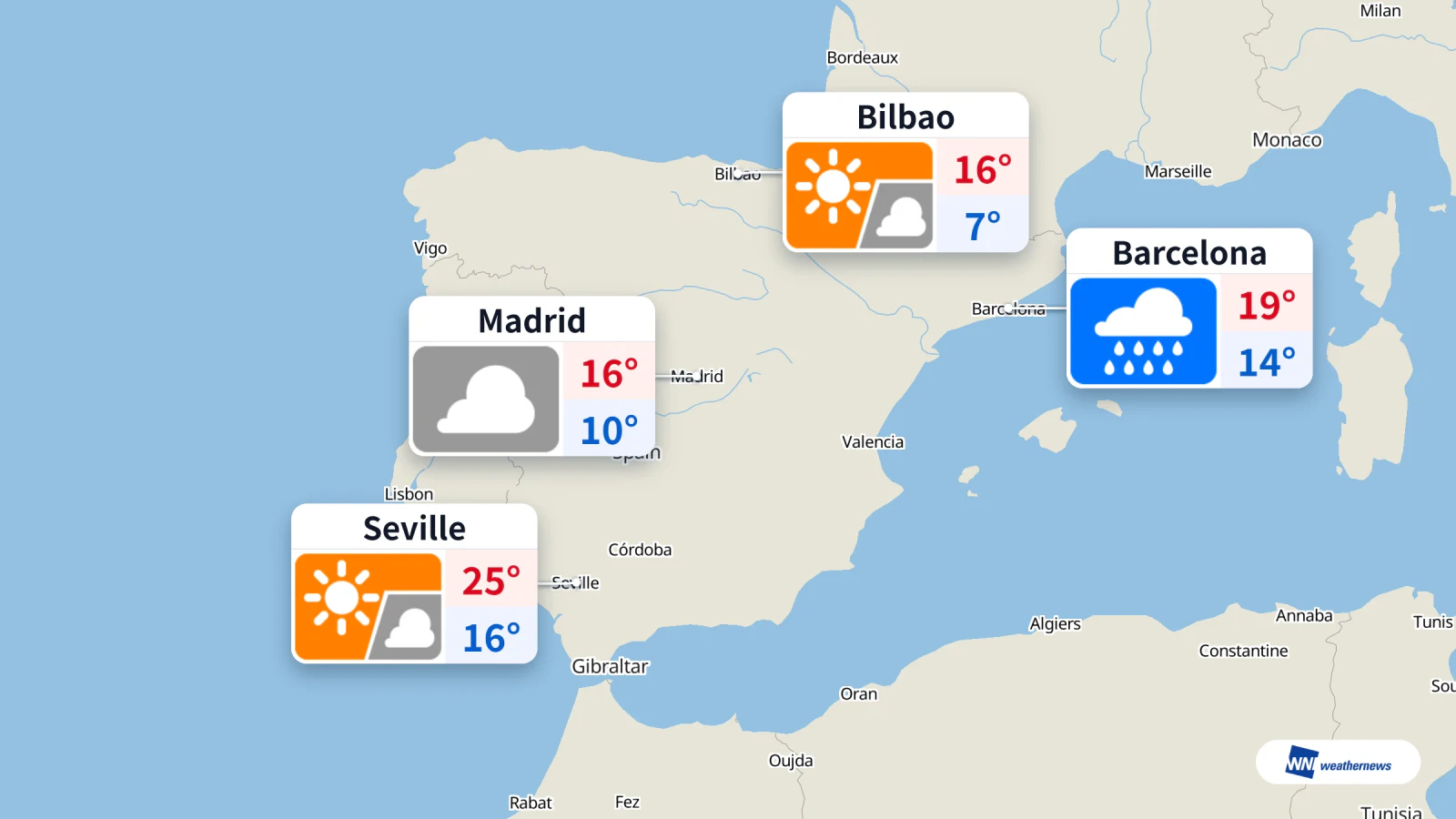 Aujourd’hui, pluie à Barcelone, nuages à Madrid et soleil à Séville