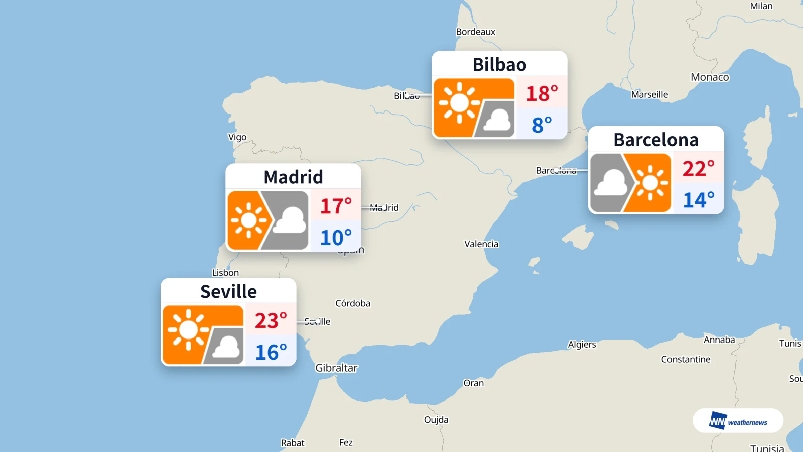 Hari ini di Spanyol: suhu maksimum 17–23 °C dan cerah di sejumlah kota