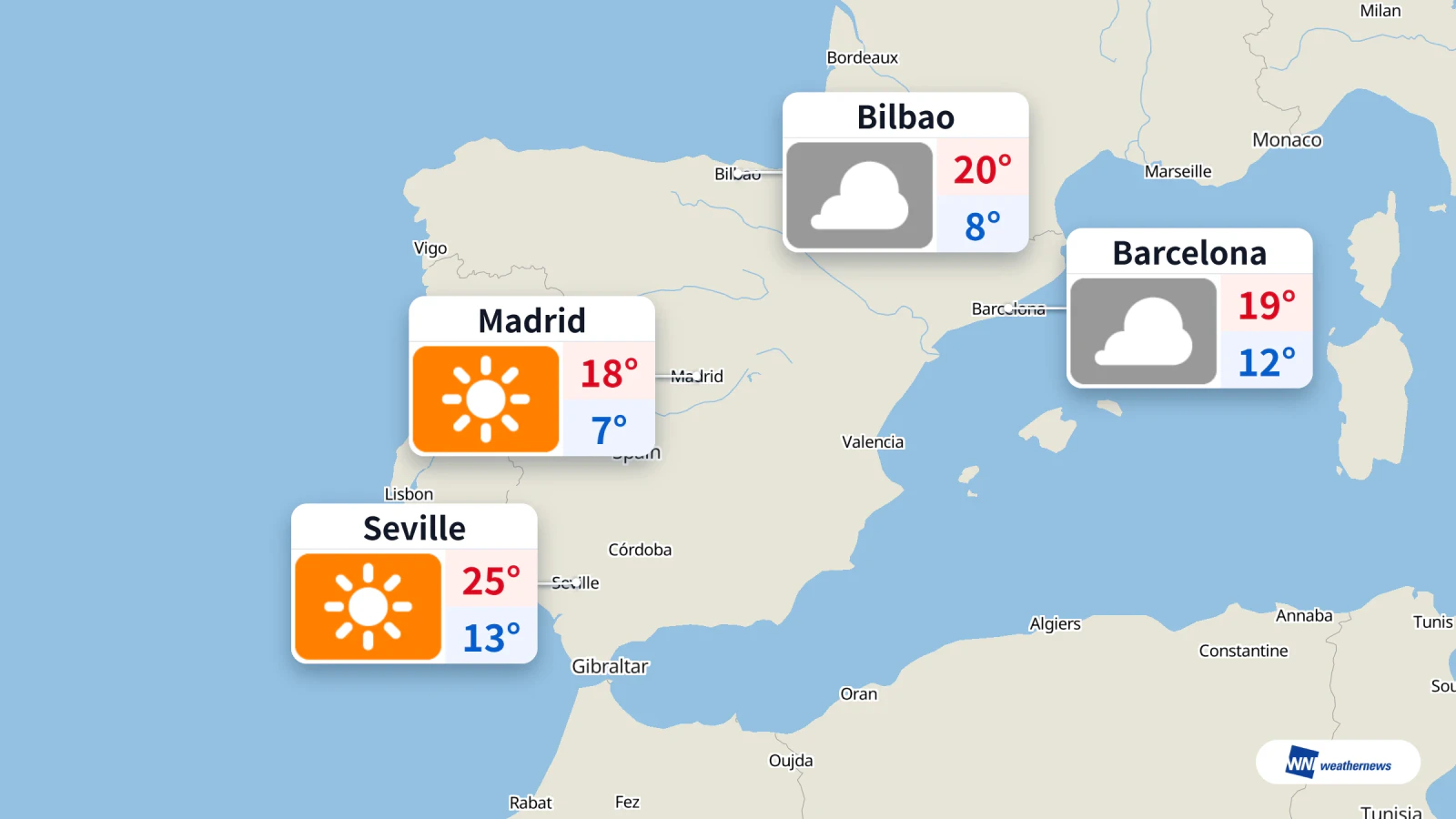 Météo aujourd’hui : soleil à Madrid et Séville, nuages à Bilbao et Barcelone