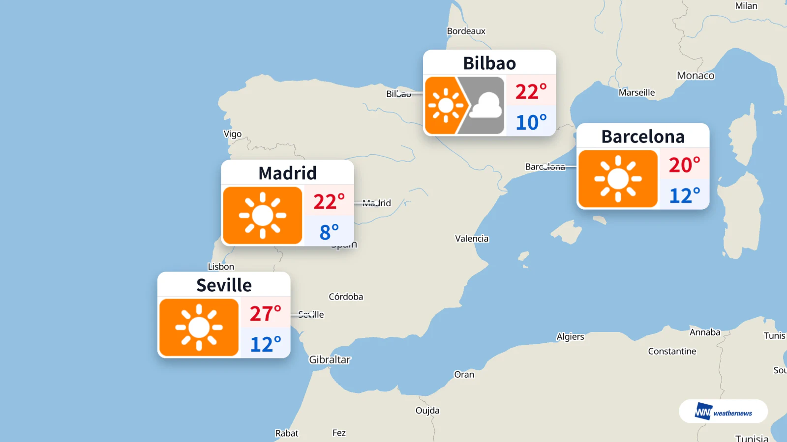 Hoje, sol em Madrid e Sevilha; em Bilbau, sol seguido de nuvens