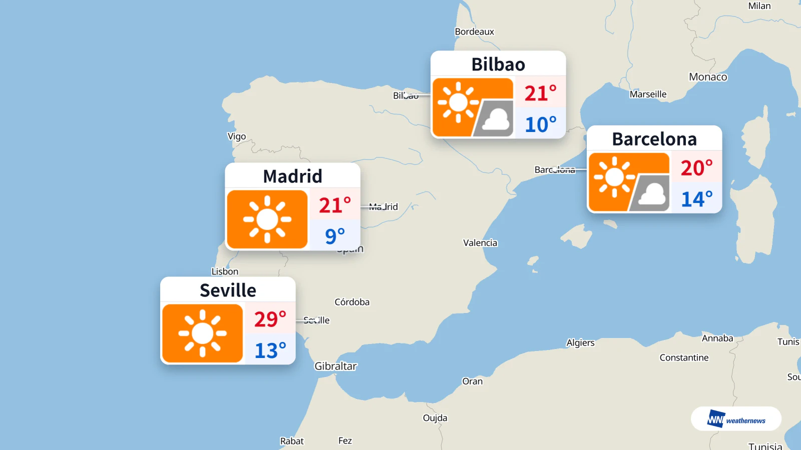 Hari ini, cuaca cerah di Madrid dan suhu mencecah 29 °C di Sevilla