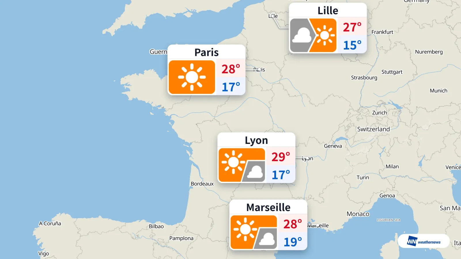 Paris, Lyon, Marseille et Lille sous le soleil aujourd'hui