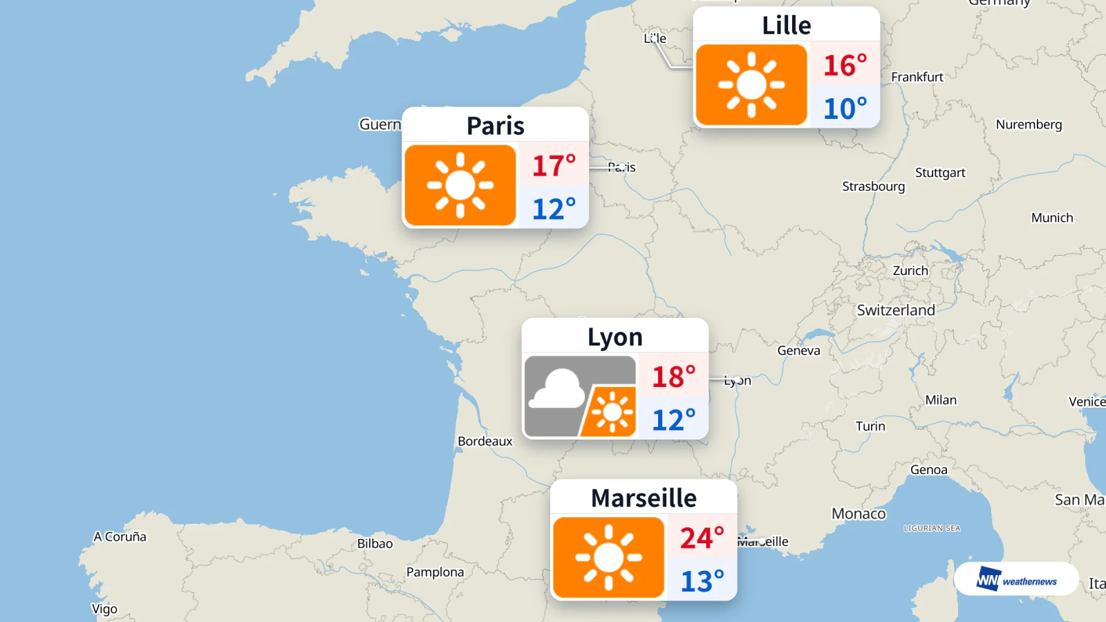 พยากรณ์อากาศวันนี้: ลียงมีฝนเวลา 6 น. ปารีสและลีลมีแดด