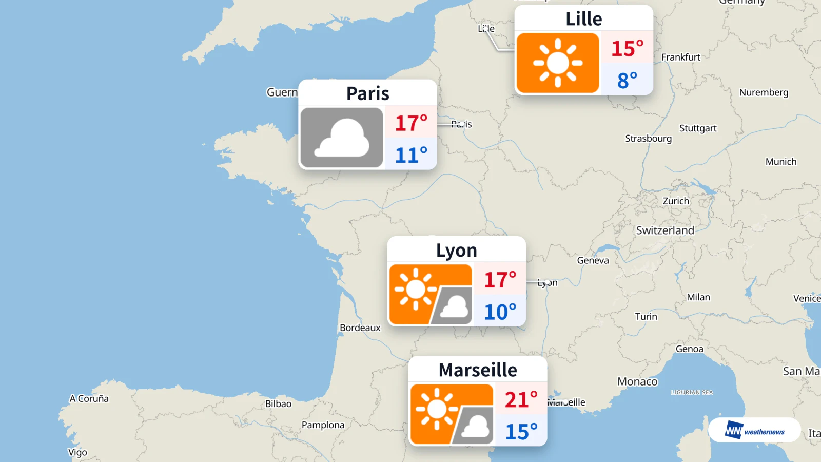 Hari ini: Paris berawan, Lille cerah, suhu maksimum Marseille 21 °C
