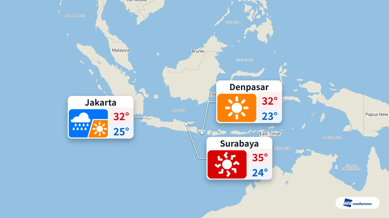 Pluie à Jakarta, chaleur extrême à Surabaya aujourd’hui