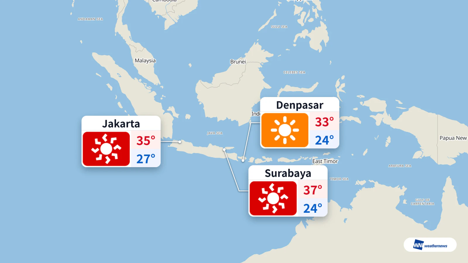พยากรณ์อากาศวันนี้: จาการ์ตา 35 °C สุราบายา 37 °C เดนปาซาร์ 33 °C