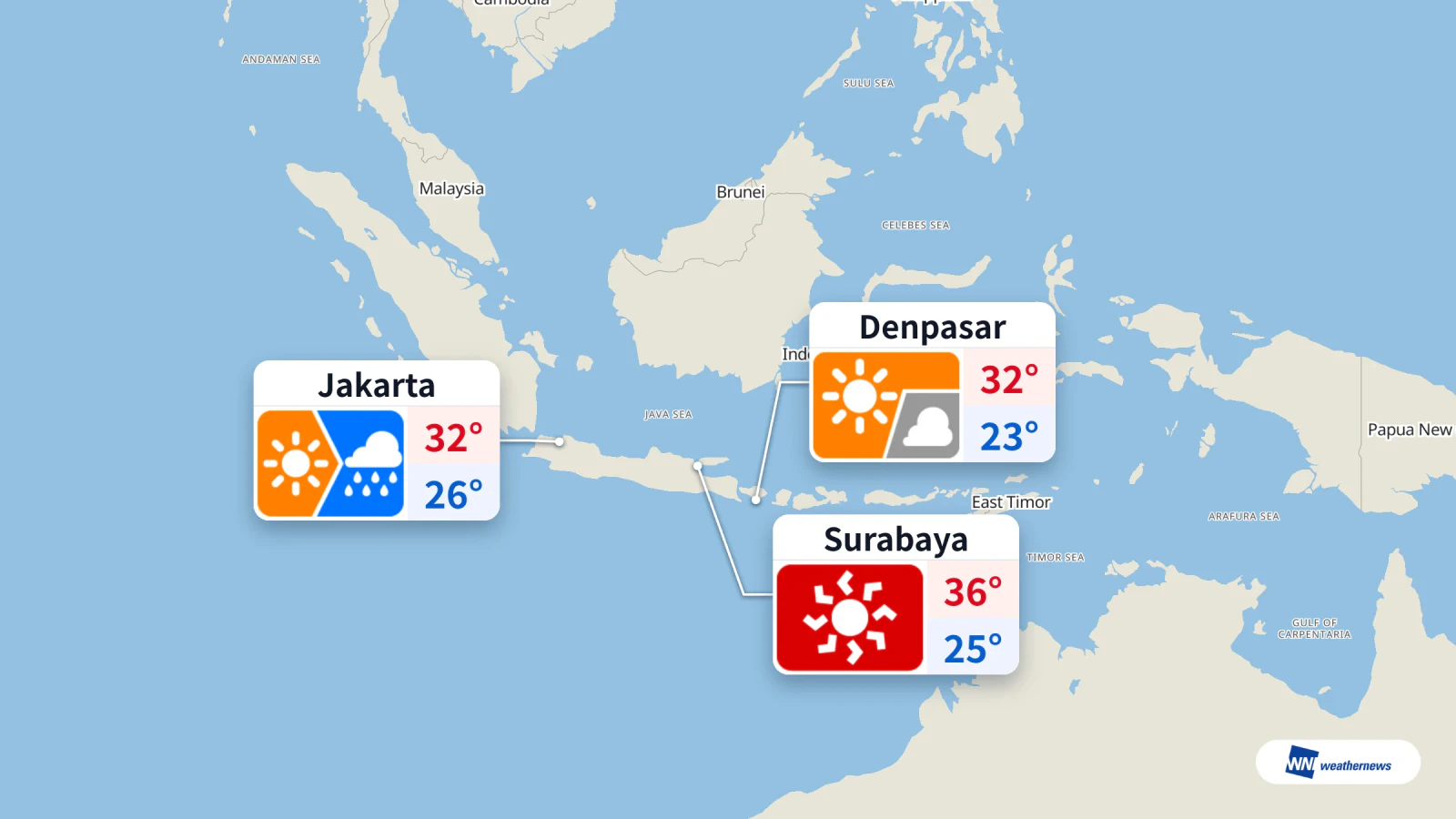 อากาศวันนี้: จาการ์ตาฝนตกช่วงเย็น สุราบายาร้อน 36 °C