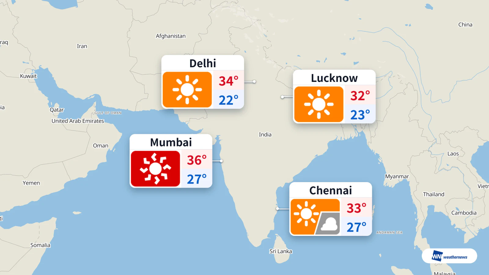 Hari ini: Mumbai mencecah 36 °C, Delhi 34 °C dalam keadaan kering