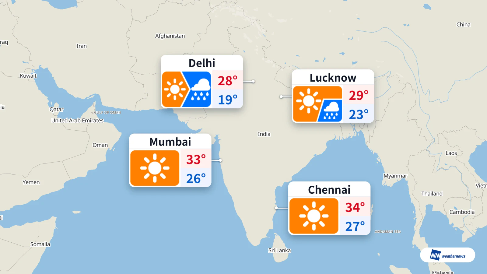 Hôm nay ở Ấn Độ: Delhi có mưa vào buổi tối, Chennai và Mumbai trời nắng