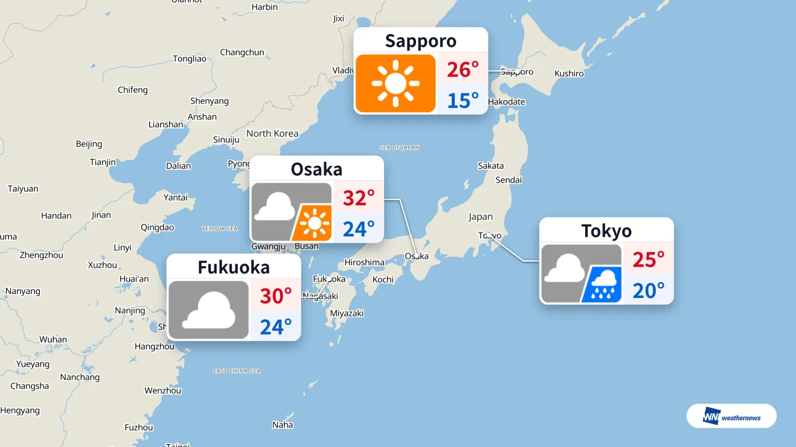 Tokyo berawan dan hujan pada tanggal 12, Osaka dan Fukuoka mengalami hari terik, Sapporo cerah