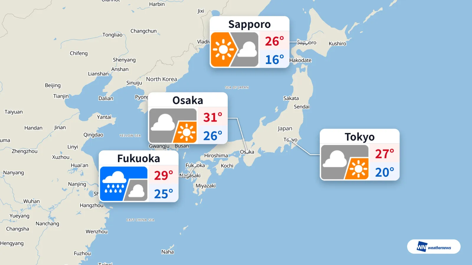 Tokyo Berawan, Osaka Mendekati 31°C, Hujan Diprakirakan di Fukuoka