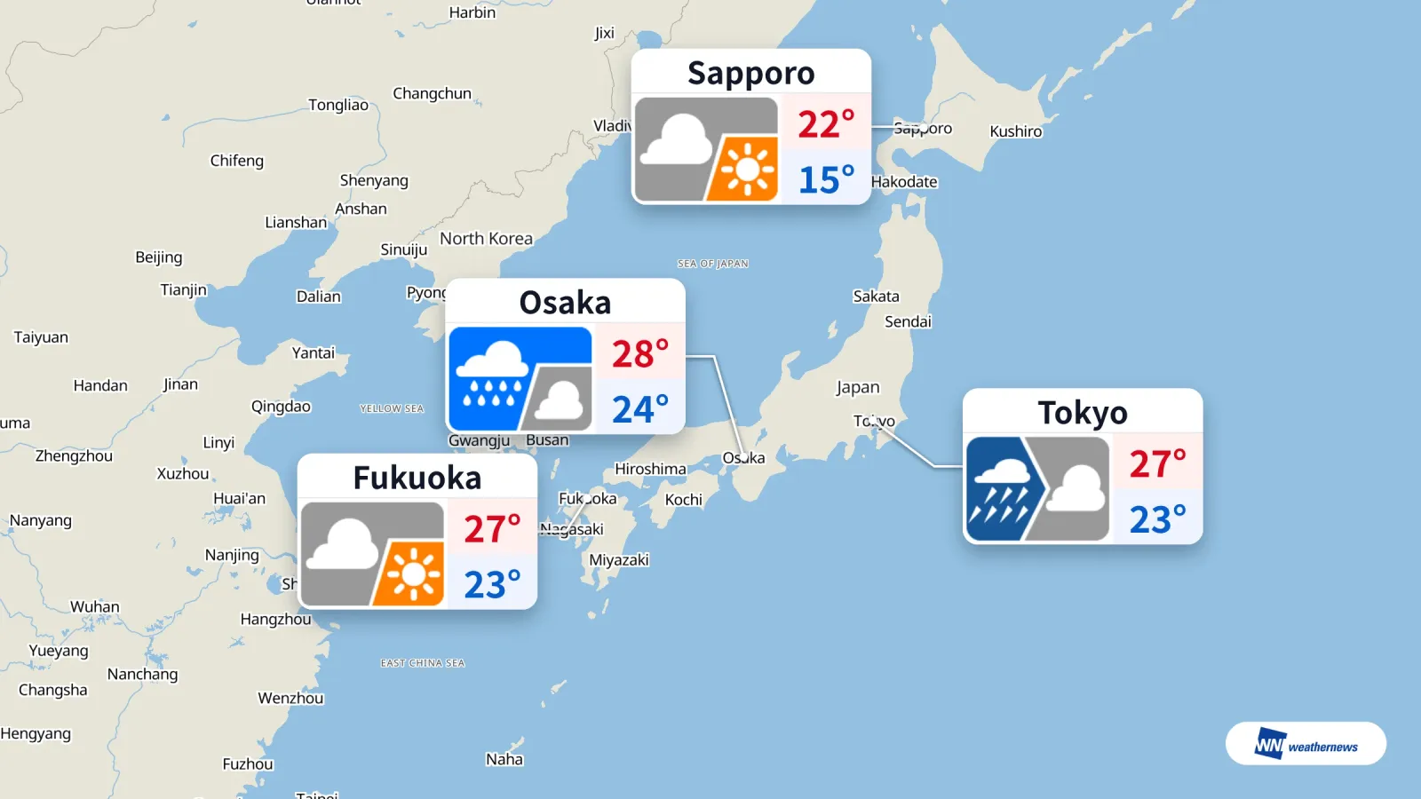 Hujan di Tokyo dan Osaka, Cuaca Lebih Tenang di Fukuoka dan Sapporo