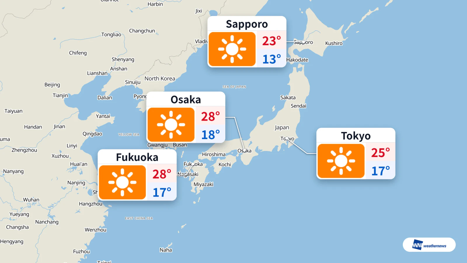 Soleil aujourd’hui à Tokyo, Osaka, Fukuoka et Sapporo