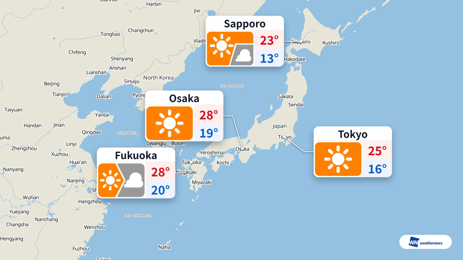 Météo du jour : des maximales de 23 °C à 28 °C dans quatre grandes villes japonaises
