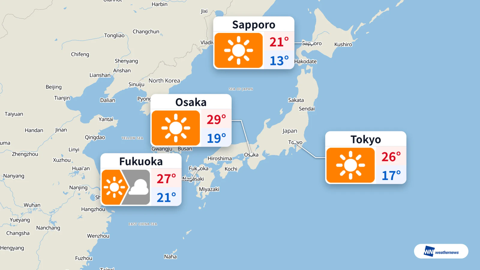 Prakiraan hari ini: Tokyo cerah, Osaka hangat, Fukuoka berawan