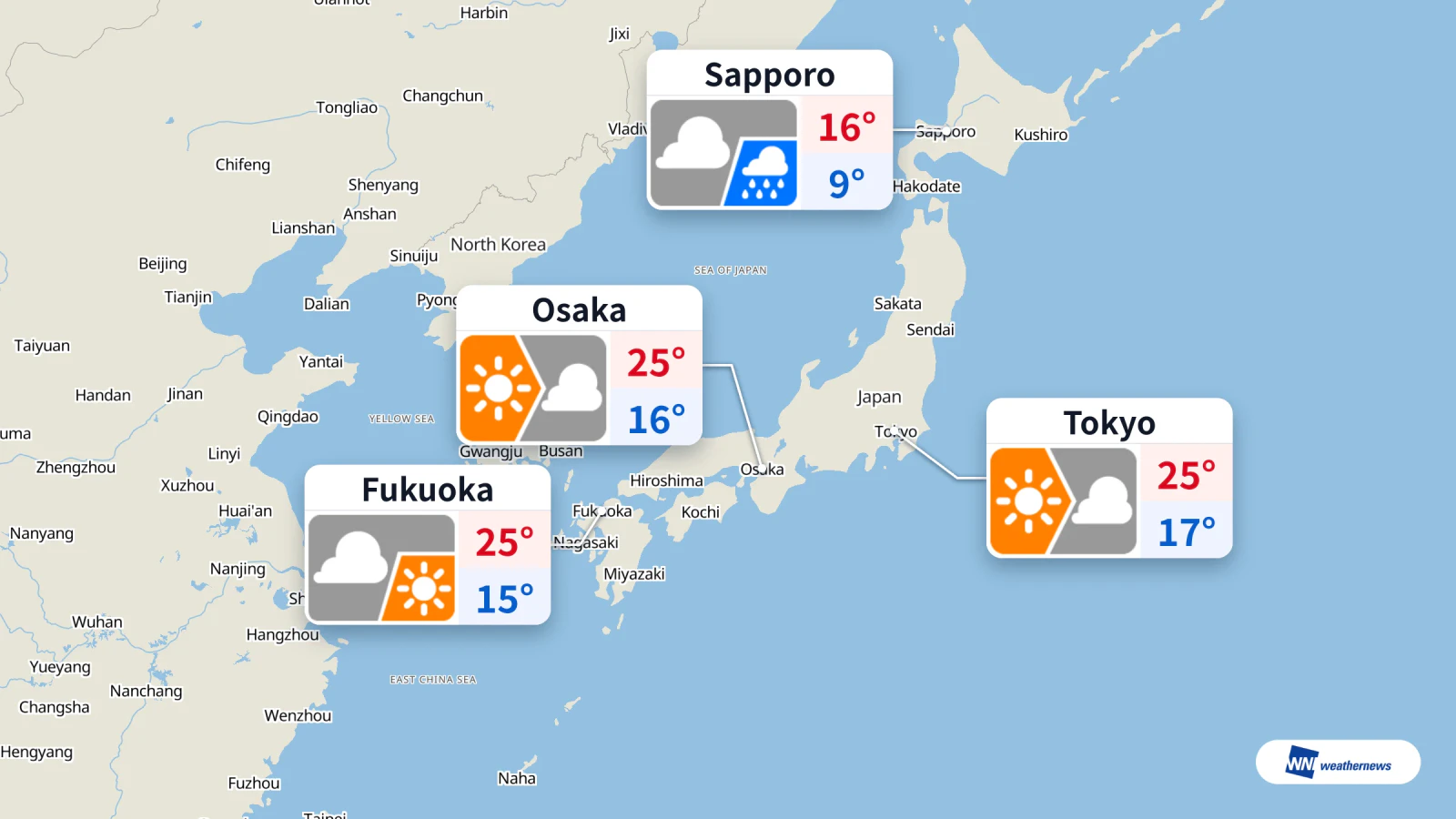 วันนี้: ซัปโปโรมีฝน โตเกียว โอซาก้า และฟุกุโอกะอุณหภูมิสูงสุด 25°C