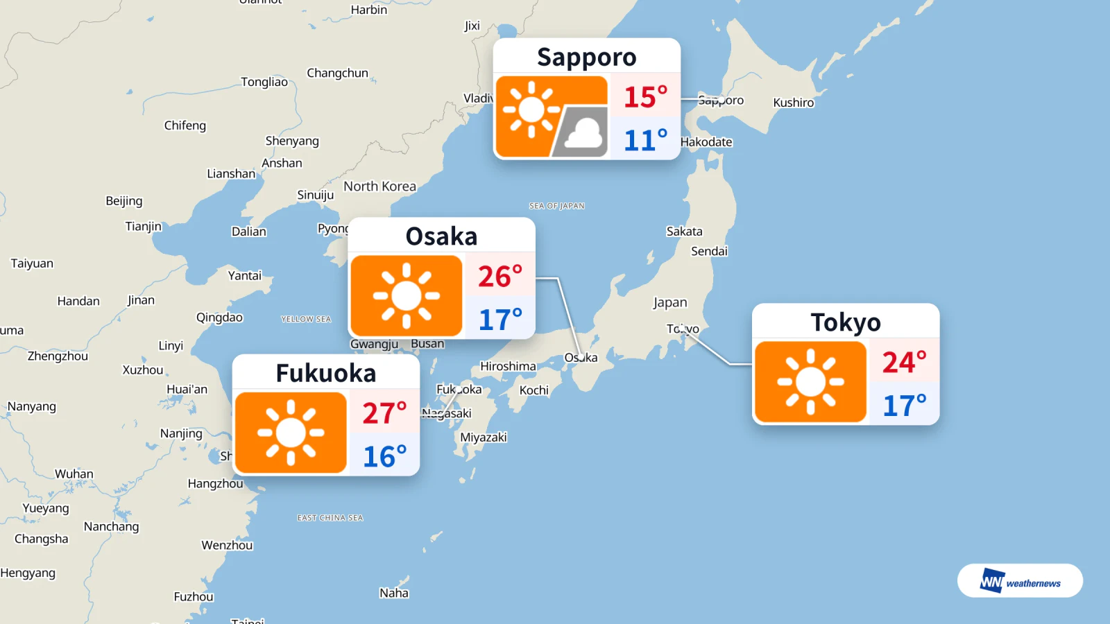 Cerah hari ini di Tokyo, Osaka, dan Fukuoka; Sapporo lebih sejuk dengan suhu 15°C