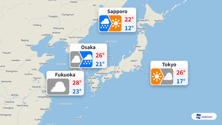 Today's forecast: rain in Osaka and Sapporo, cloud in Tokyo