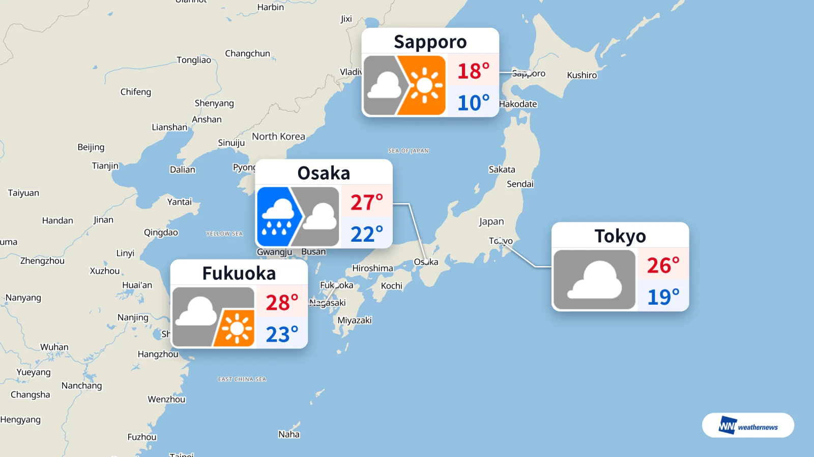 Météo du jour : ciel nuageux à Tokyo, pluie à Osaka, éclaircies à Sapporo