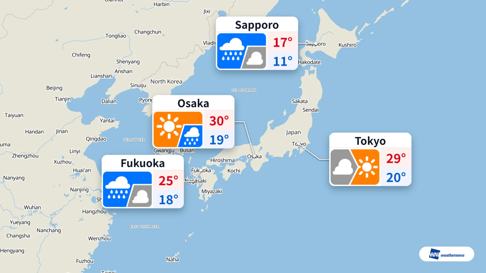 Prévisions du jour : éclaircies à Tokyo, pluie à Fukuoka et Sapporo